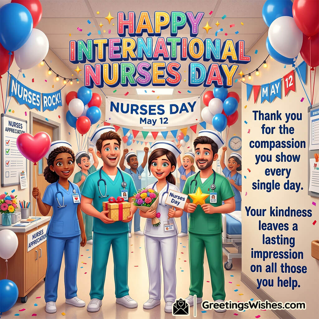 International Nurses Day Appreciation Message Image featuring joyful nurses celebrating with balloons, gifts, and decorations in a hospital hallway symbolizing gratitude, teamwork, and appreciation for healthcare workers.
