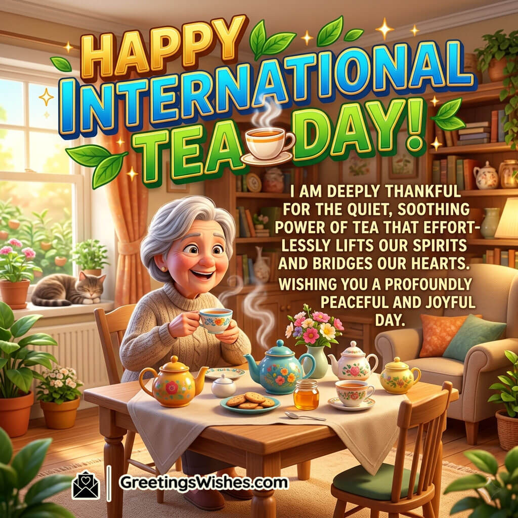 International Tea Day Blessings Message Image featuring an elderly woman peacefully enjoying tea in a warm living room symbolizing gratitude, comfort, peace, and heartfelt blessings.