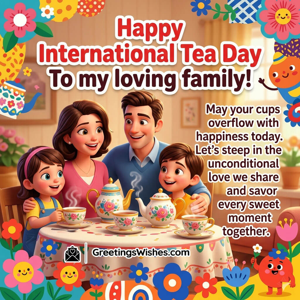 International Tea Day Family Wishes Photo featuring a happy family sharing tea and sweet moments around a decorated table symbolizing love, warmth, and family bonding.