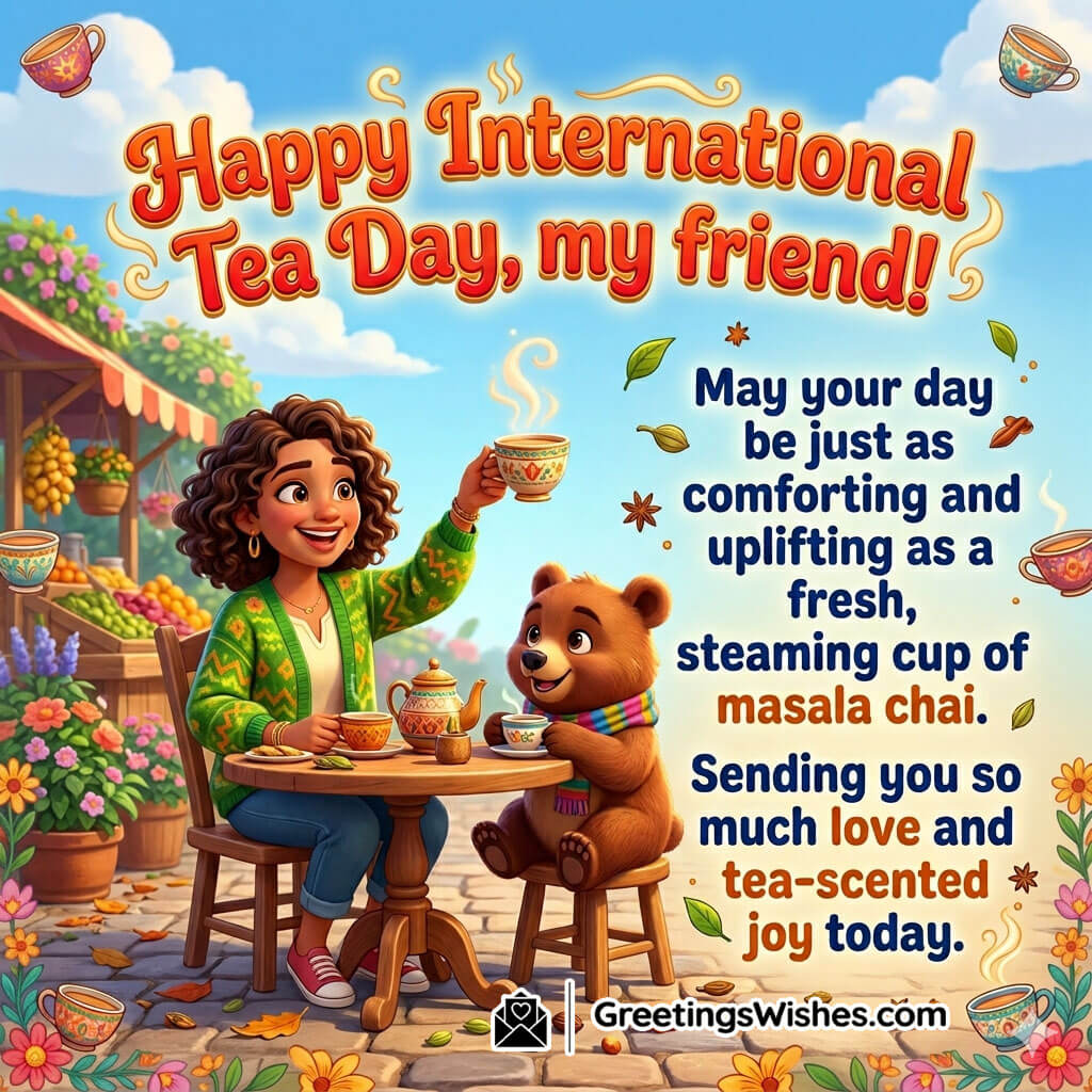 International Tea Day Friendship Wishes Image featuring friends enjoying steaming masala chai at a cheerful outdoor tea table symbolizing friendship, warmth, and joyful conversations.