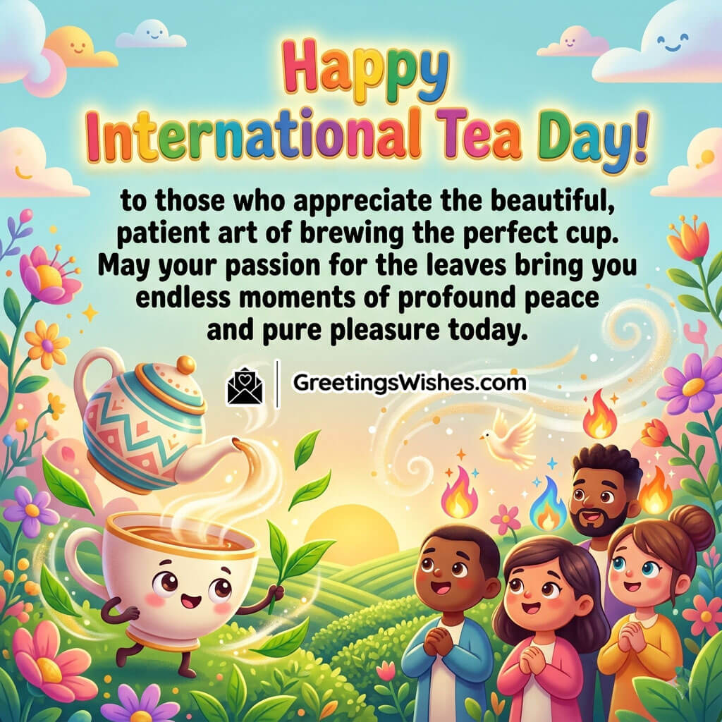 International Tea Day Message for Tea Lovers Image featuring a magical tea cup with swirling steam and joyful tea themed characters symbolizing peace, passion, and love for tea.