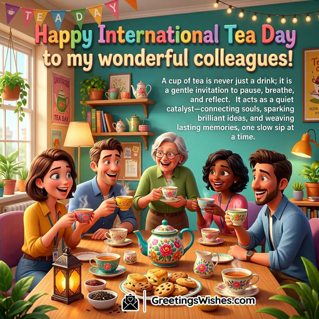 International Tea Day Quotes Image featuring joyful people sharing tea and conversations in a cozy tea room symbolizing friendship, reflection, peace, and meaningful connections.