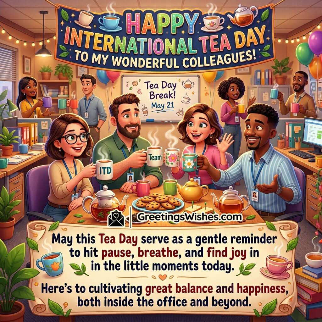 International Tea Day Wishes for Colleagues Image featuring office coworkers enjoying a cheerful tea break together symbolizing teamwork, positivity, balance, and workplace friendship.