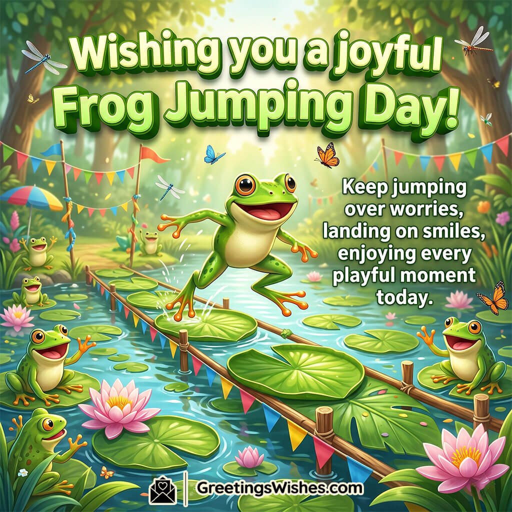 Joyful Frog Jumping Day Message Picture featuring smiling frogs leaping over lily pads with colorful decorations and blooming lotus flowers symbolizing laughter, positivity, and carefree celebration.