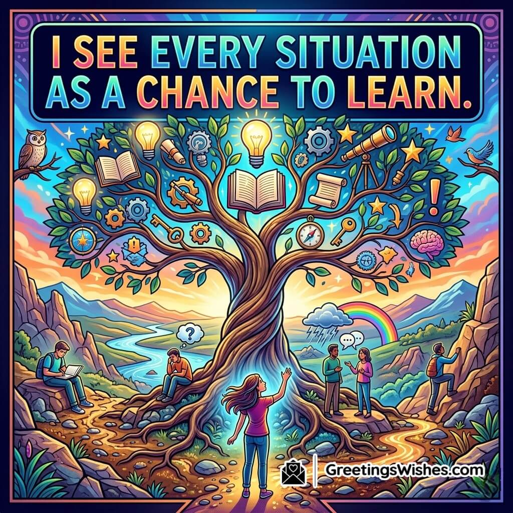 Learning and Growth Mindset Affirmation Quote Image featuring a creative tree with books, ideas, and learning symbols with a person exploring paths symbolizing knowledge, self development, and learning from every situation.