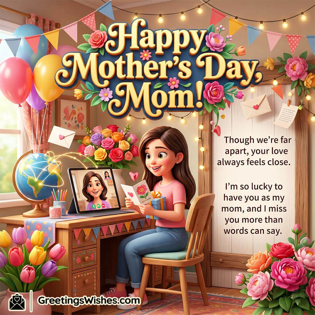 Long Distance Mother’s Day Message Photo for Mom featuring a daughter sitting at a desk with video call screen, flowers, and greeting card symbolizing love, connection, and missing a mother from far away.