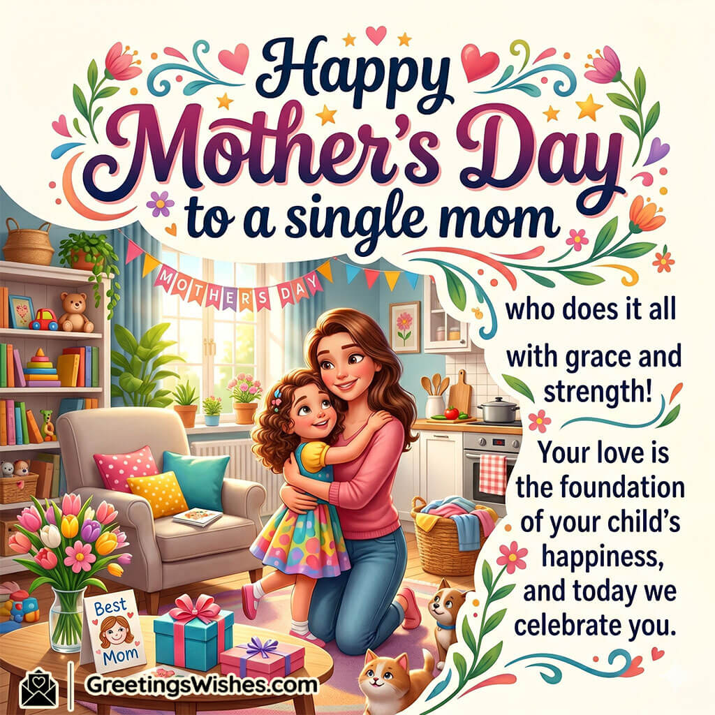 Mother’s Day Message Image for Single Moms featuring a loving single mother hugging her daughter in a bright home with flowers and gifts symbolizing strength, dedication, and unconditional maternal care.