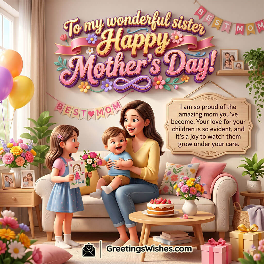 Mother’s Day Message Photo for Sister featuring a happy mother with her children in a warm living room decorated with flowers, balloons, and cake symbolizing admiration, family happiness, and sisterly love.