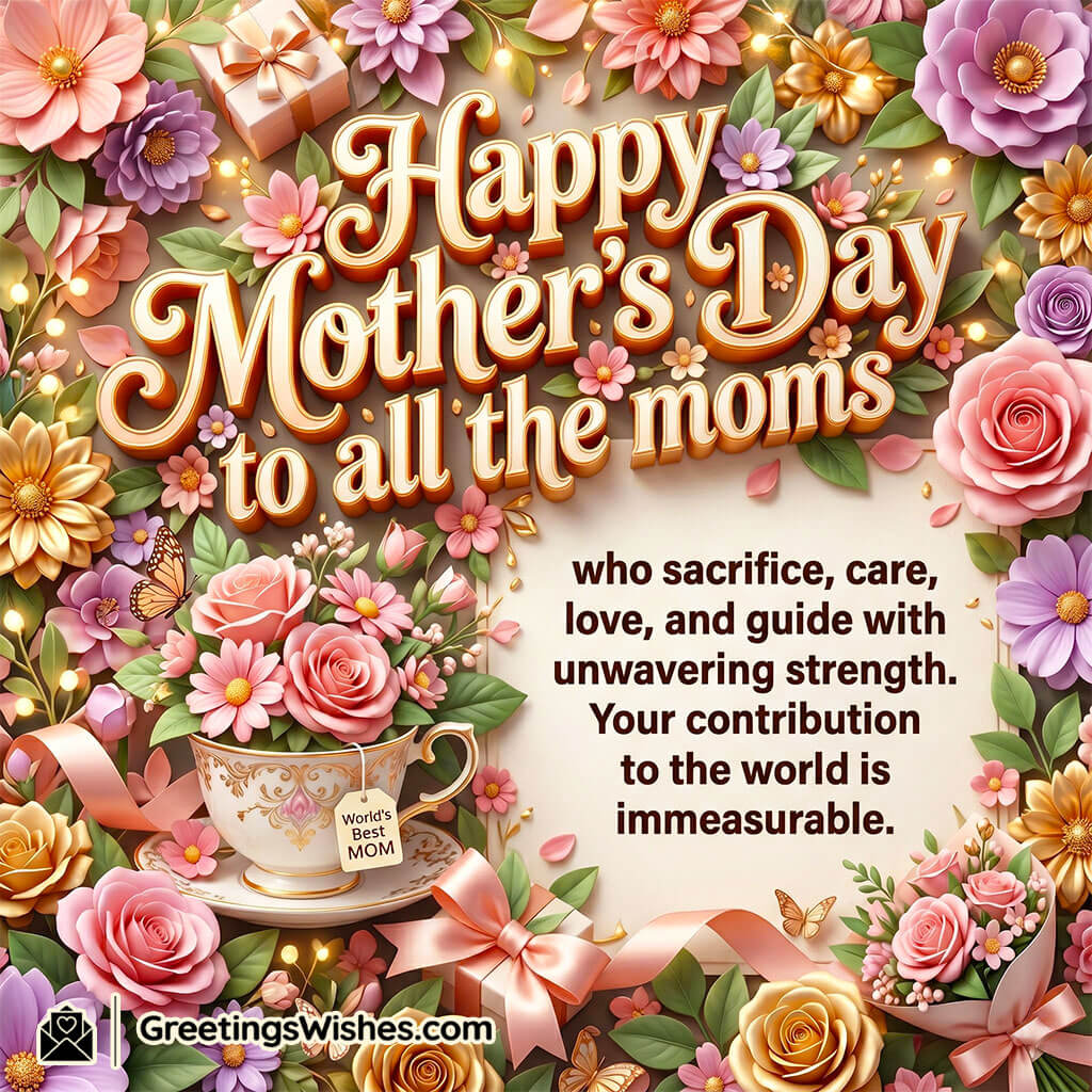 Mother’s Day Wish Image for All Moms featuring floral arrangements, ribbons, butterflies, and decorative tea cup with loving message symbolizing appreciation, sacrifice, and the caring strength of mothers everywhere.