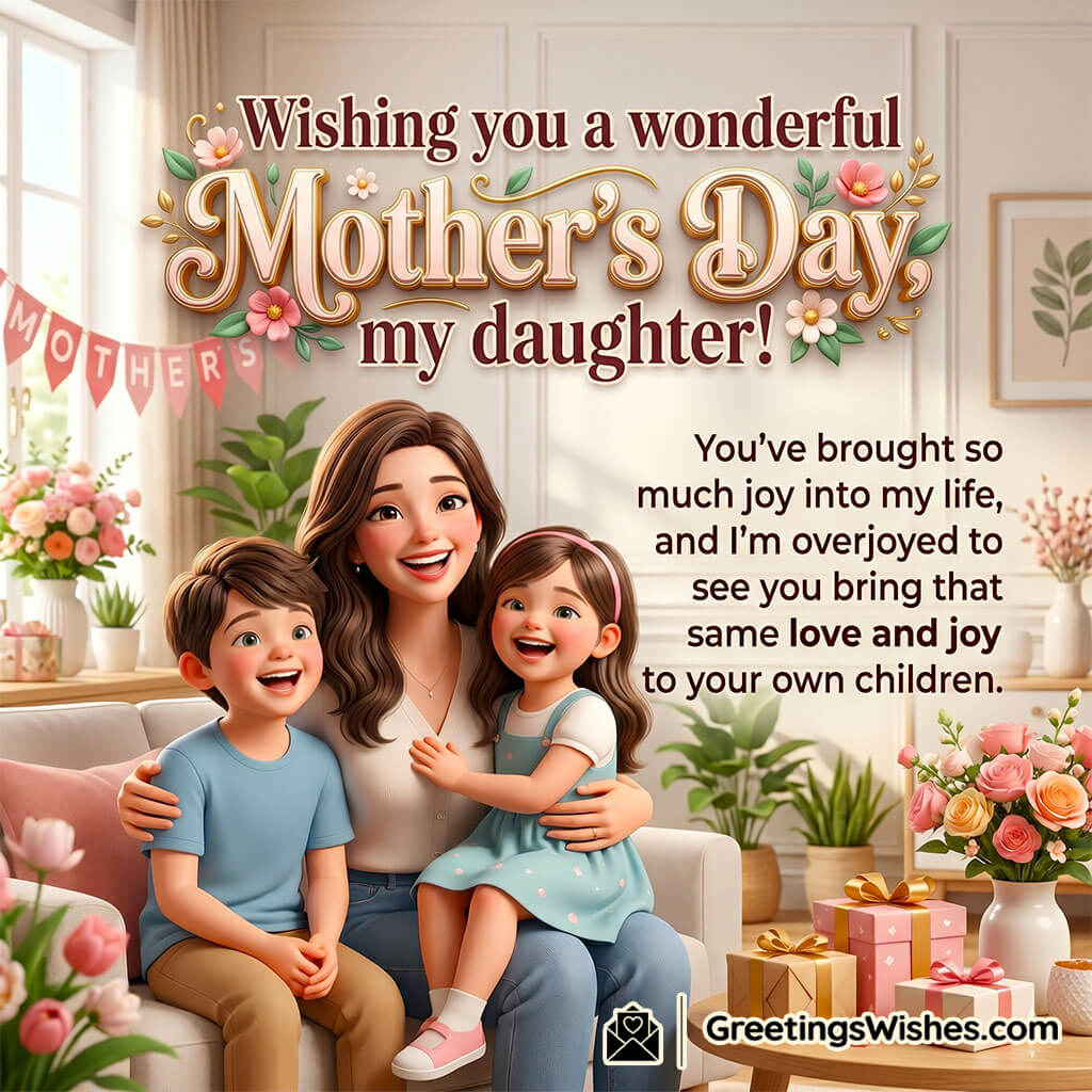 Mother’s Day Wish Image for Daughter featuring a joyful mother sitting with her smiling children in a cozy decorated home with flowers and gifts symbolizing pride, love, and beautiful family bonds.