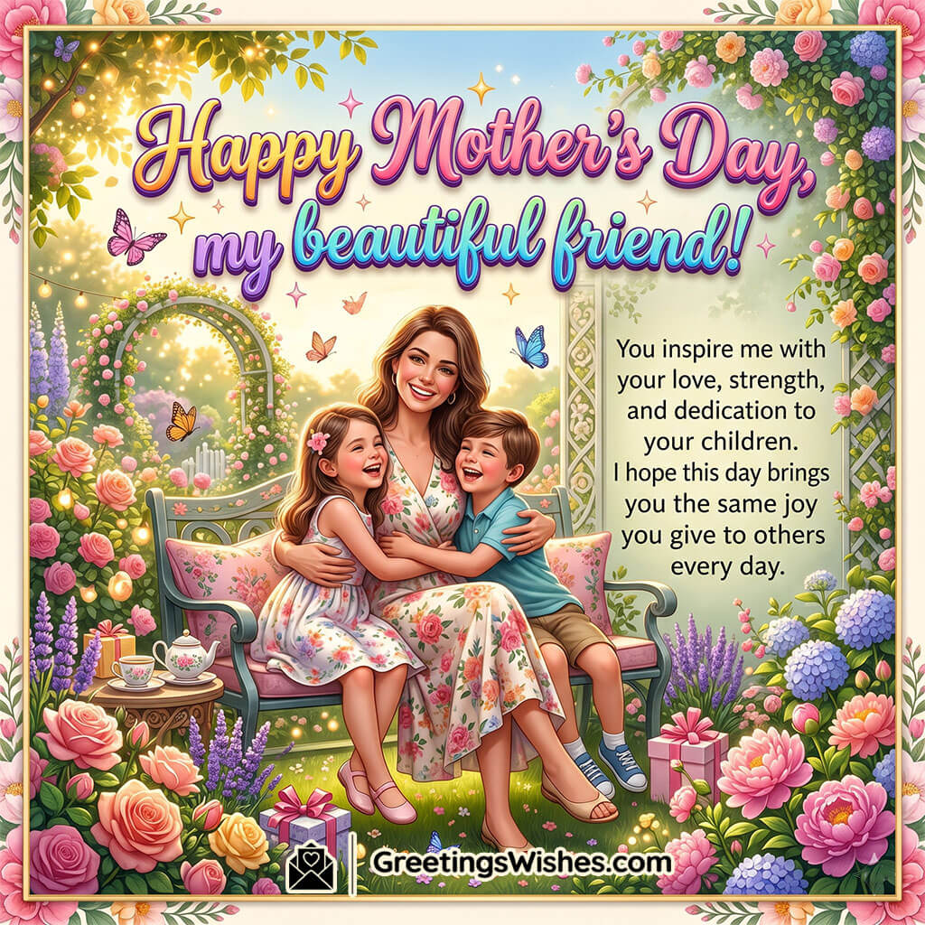 Mother’s Day Wish Picture for Friend featuring a smiling mother with her children in a blooming garden filled with flowers and butterflies symbolizing friendship, care, motherhood, and joyful memories.