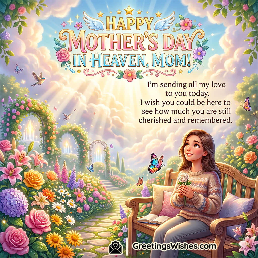 Mother’s Day in Heaven Wish Image for Mom featuring a peaceful heavenly garden with glowing clouds, flowers, butterflies, and a daughter remembering her mother symbolizing eternal love, remembrance, and emotional connection.