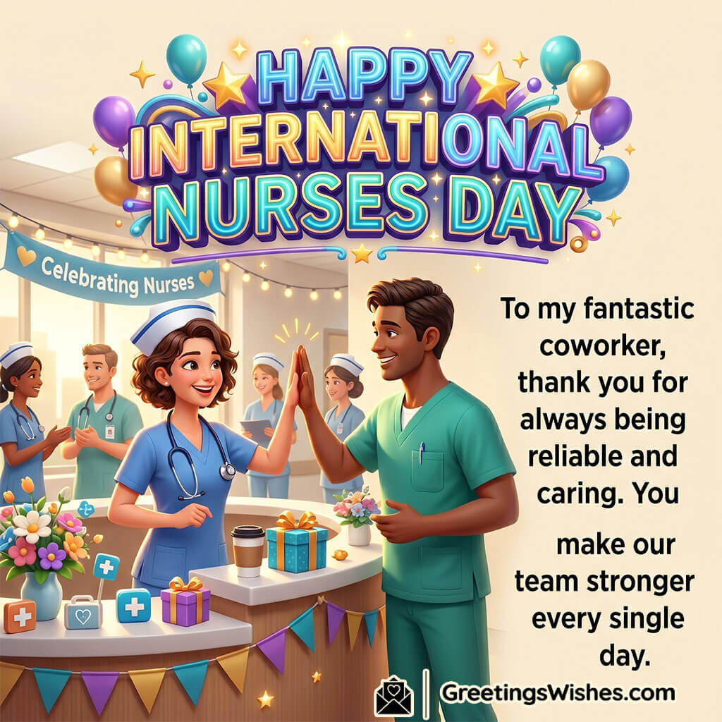 Nurses Day Wish Message for Colleagues featuring two cheerful healthcare coworkers celebrating together in a decorated hospital space symbolizing teamwork, friendship, and support among nurses.