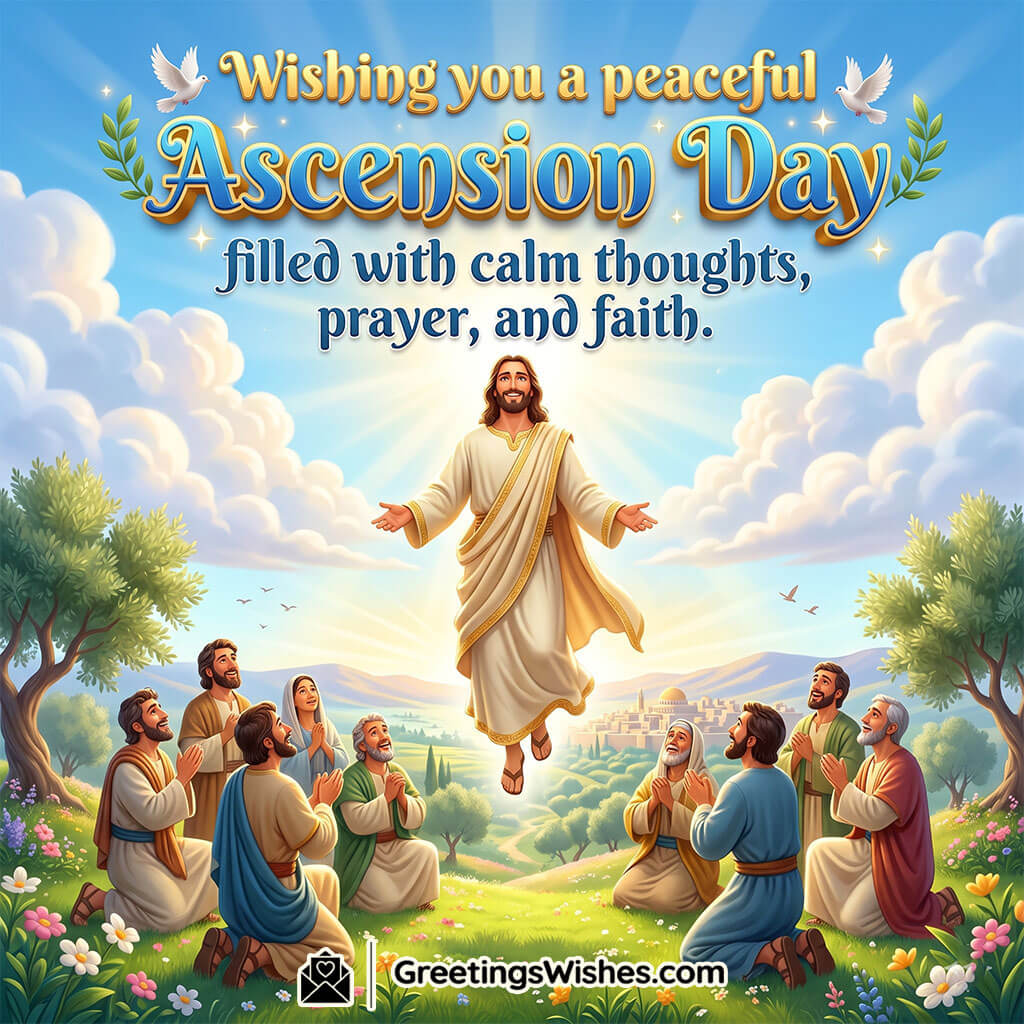 Peaceful Ascension Day Message Photo featuring Jesus ascending in bright sunlight with angels and believers gathered in prayer symbolizing salvation, hope, and everlasting faith.