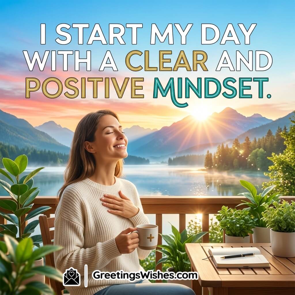 Positive Mindset Daily Affirmation Quote Image featuring a woman enjoying sunrise with coffee on a balcony overlooking mountains and lake symbolizing calmness, clarity, and a positive start to the day.