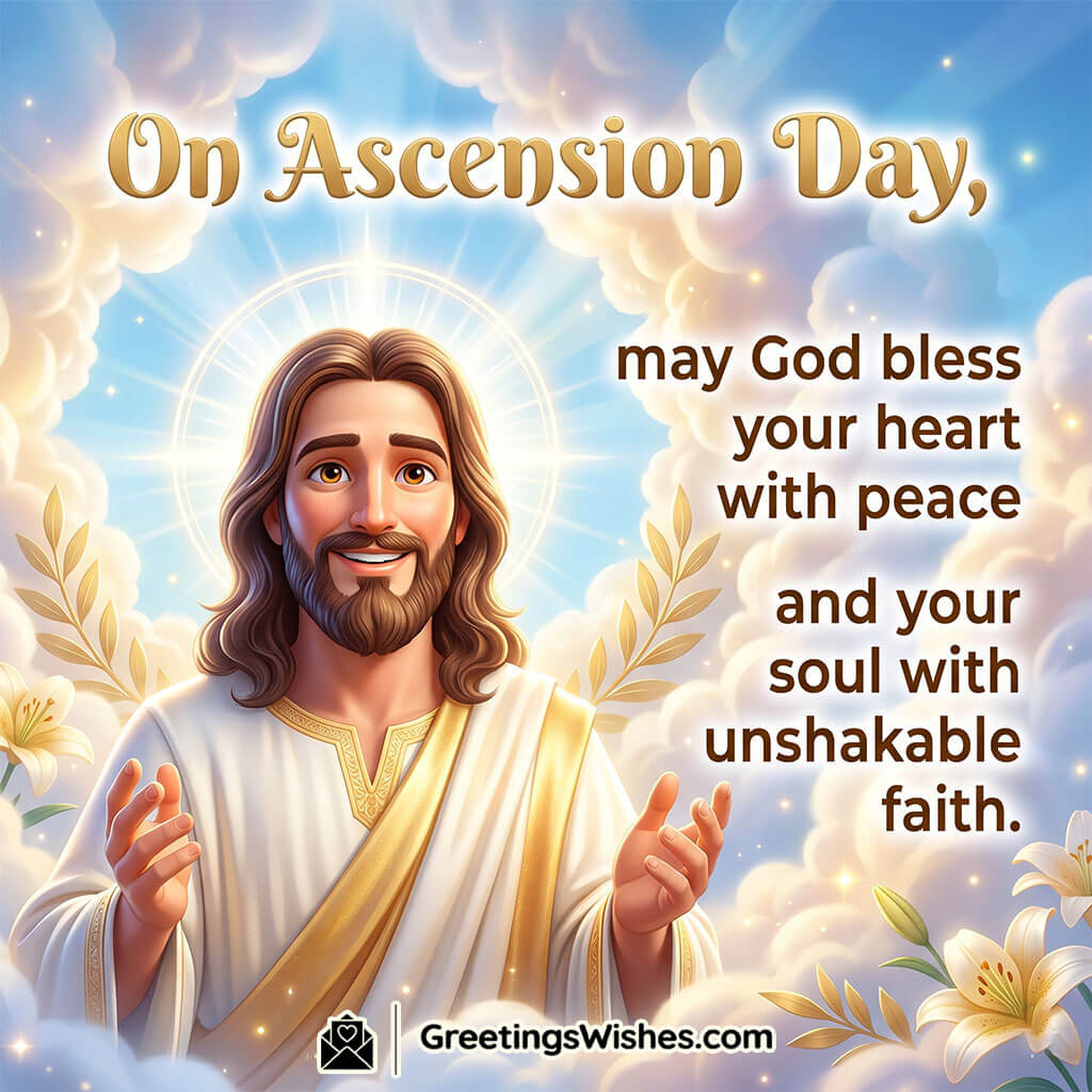 Prayerful Ascension Day Blessing Image featuring Jesus surrounded by shining clouds and heavenly light symbolizing peace, faith, prayer, and divine grace for all hearts.