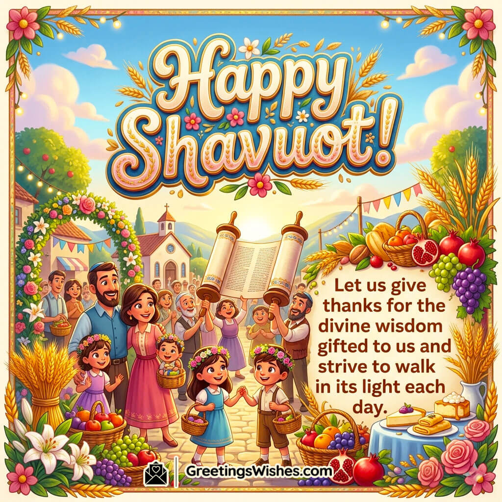 Religious Shavuot Message Picture featuring a festive Shavuot gathering with Torah scrolls, wheat, fruits, and happy worshippers symbolizing divine wisdom, gratitude, and spiritual devotion.