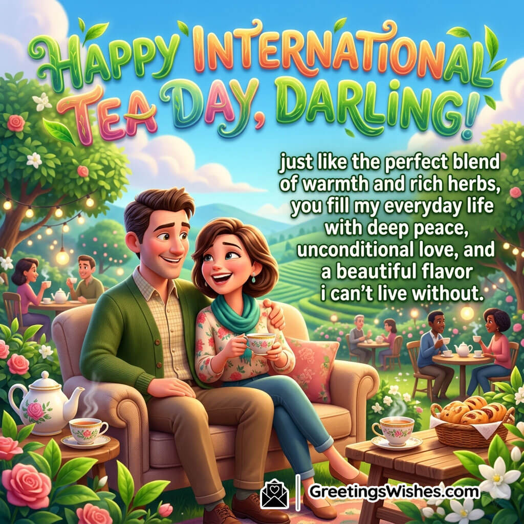 Romantic International Tea Day Message Image featuring a loving couple enjoying tea together in a peaceful garden setting symbolizing romance, comfort, and emotional connection.