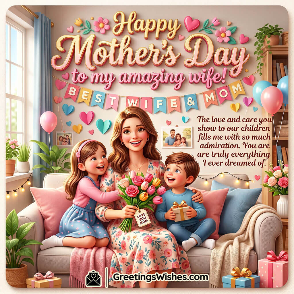Romantic Mother’s Day Wish Image for Wife featuring a smiling mother with children holding flowers and gifts in a cozy decorated home symbolizing admiration, family love, and gratitude for a caring wife and mother.