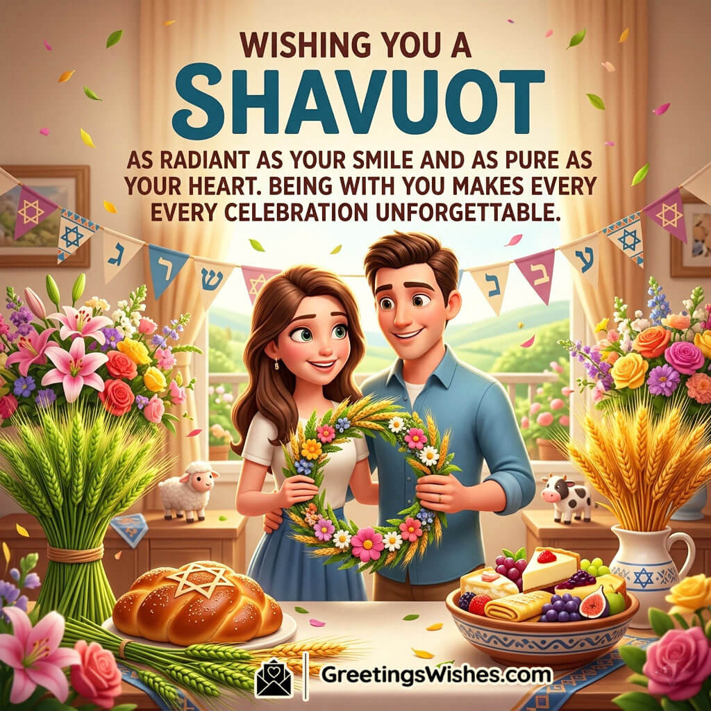 Romantic Shavuot Message for Loved One Image featuring a smiling couple with flowers, festive bread, and Shavuot decorations symbolizing love, warmth, celebration, and togetherness.
