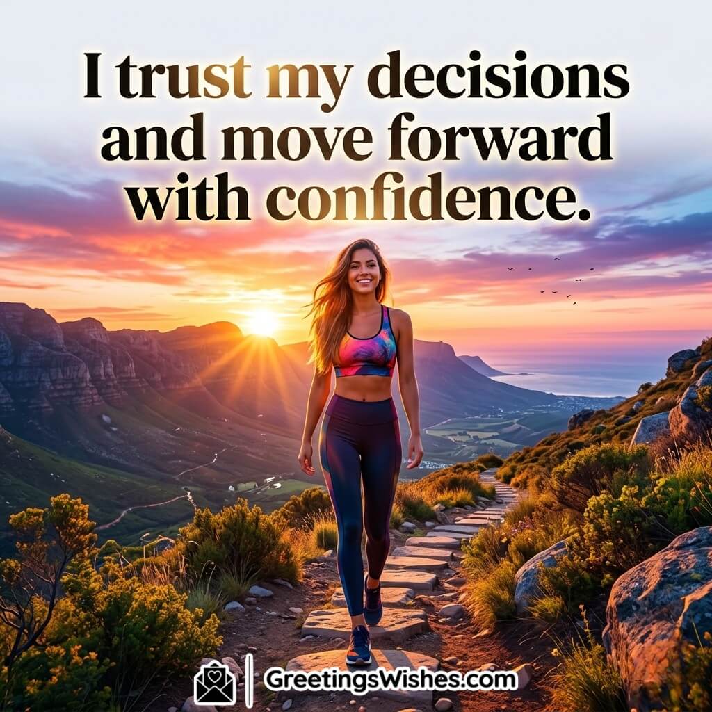 Self Confidence Daily Affirmation Message Image featuring a person walking forward on a bright path with sunlight ahead symbolizing trust, courage, and confident decision making.