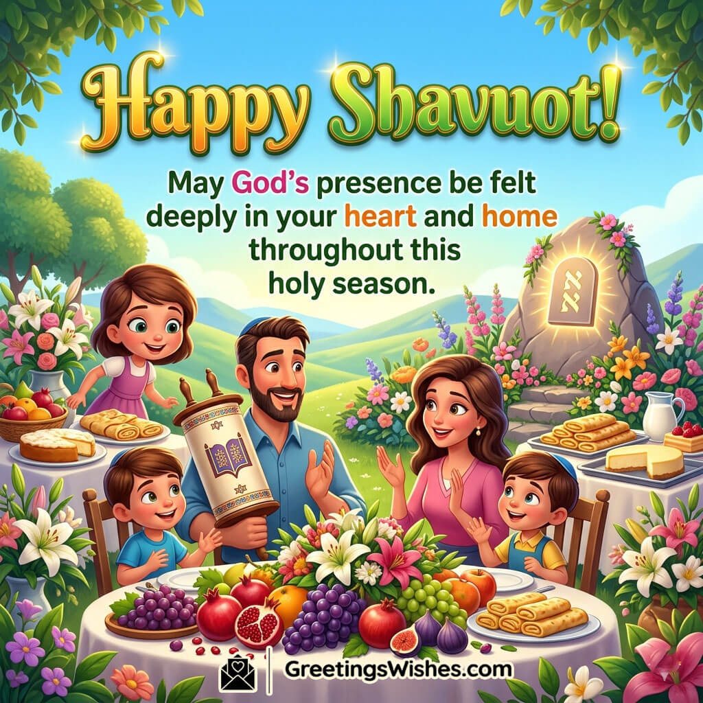 Shavuot Blessings and Prayer Message Image featuring a peaceful family prayer gathering with Torah scrolls, fruits, flowers, and glowing spiritual symbols symbolizing faith, divine blessings, and holy celebration.