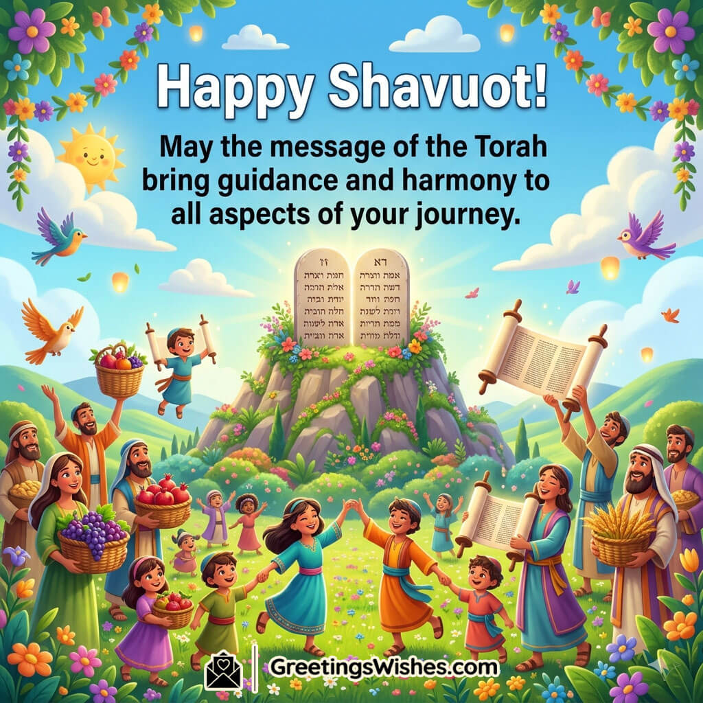 Shavuot Greetings for Colleagues Image featuring cheerful people celebrating with Torah scrolls, flowers, and festive decorations symbolizing harmony, guidance, teamwork, and positive relationships.