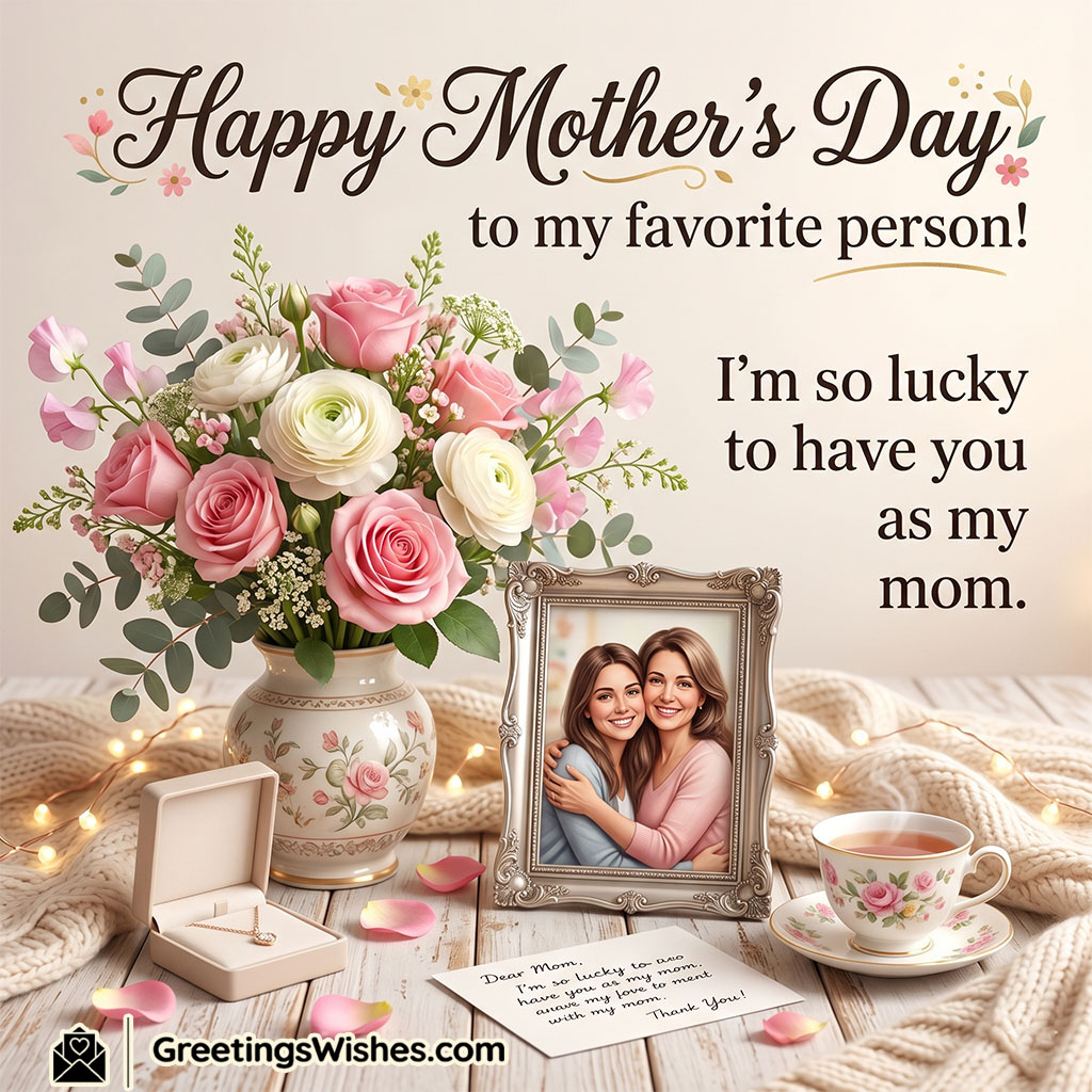 Short Mother’s Day Message Photo for Mom featuring a beautiful flower bouquet, framed mother daughter picture, tea cup, and heartfelt decor symbolizing love, appreciation, and precious memories shared with mom.