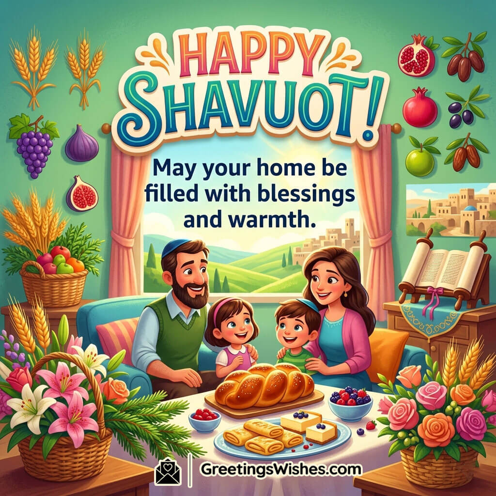 Short Shavuot Wishes and Greetings Image featuring a happy family around a festive Shavuot table with bread, fruits, flowers, and Torah scrolls symbolizing blessings, warmth, and joyful celebration.