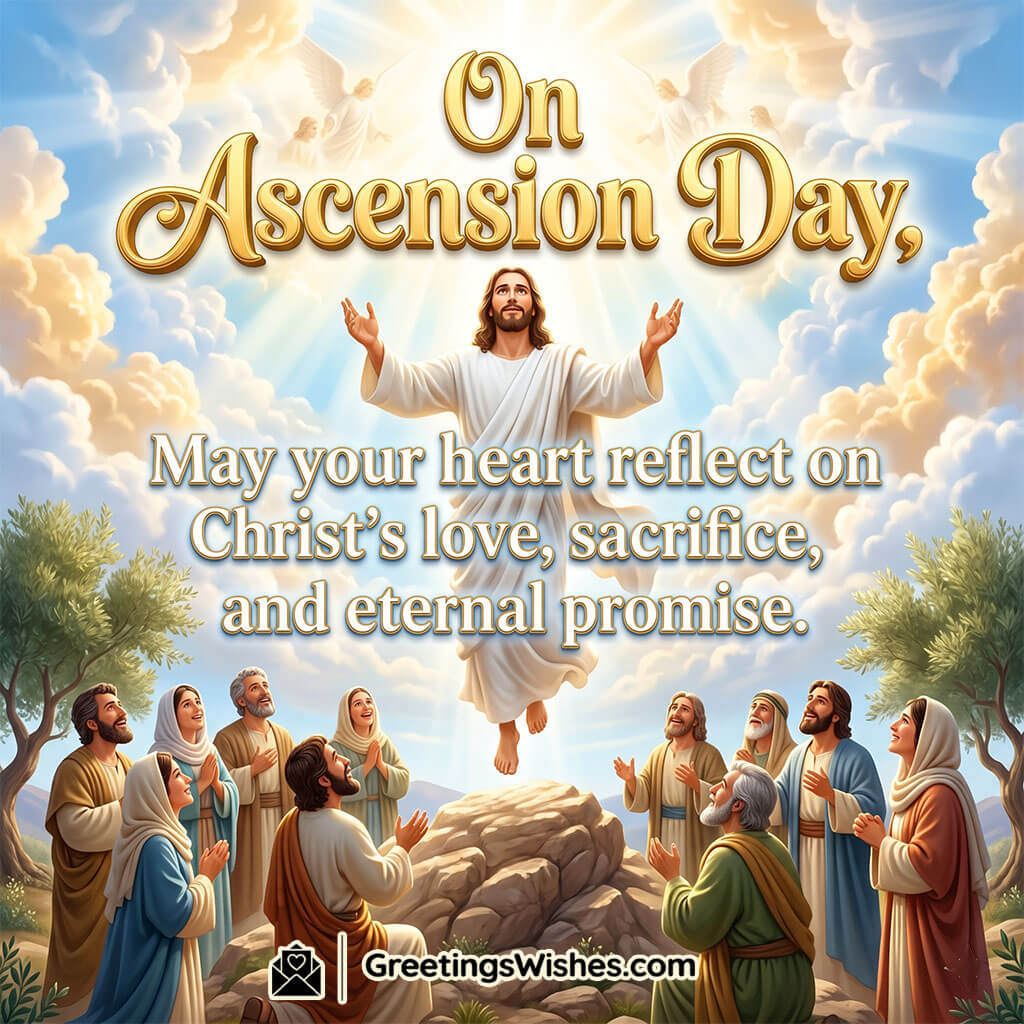 Spiritual Ascension Day Reflection Picture featuring Jesus rising above the disciples surrounded by radiant clouds and heavenly light symbolizing Christ’s eternal promise, peace, and spiritual devotion.