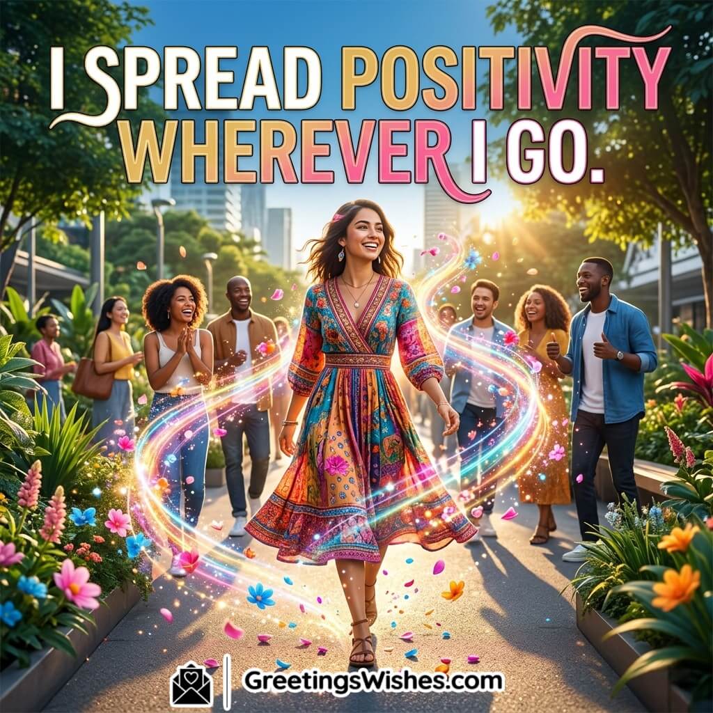 Spread Positivity Daily Affirmation Message Image featuring smiling person with bright surroundings, flowers, and warm light symbolizing kindness, happiness, and positive energy.