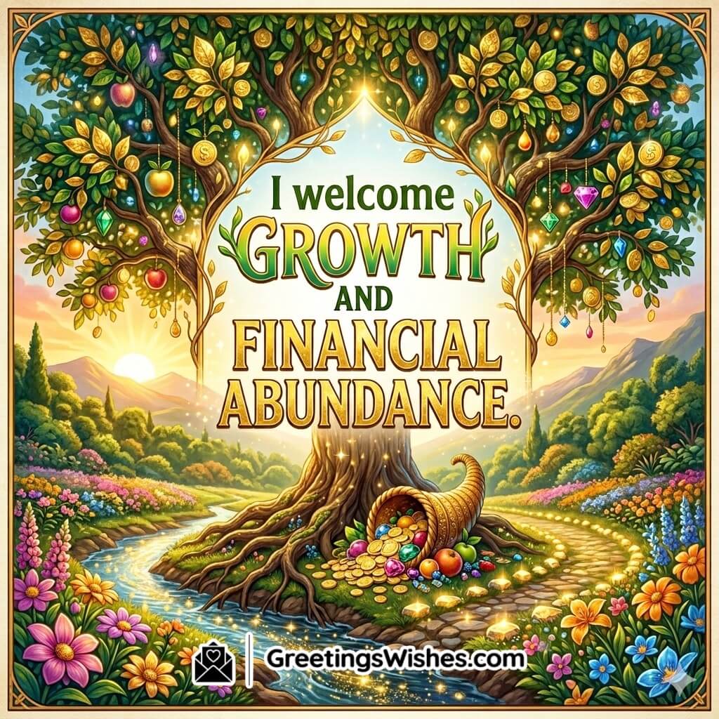 Success And Abundance Affirmation Message Image featuring a magical tree filled with coins, fruits, and glowing light near a flowing river symbolizing prosperity, financial success, and continuous growth.