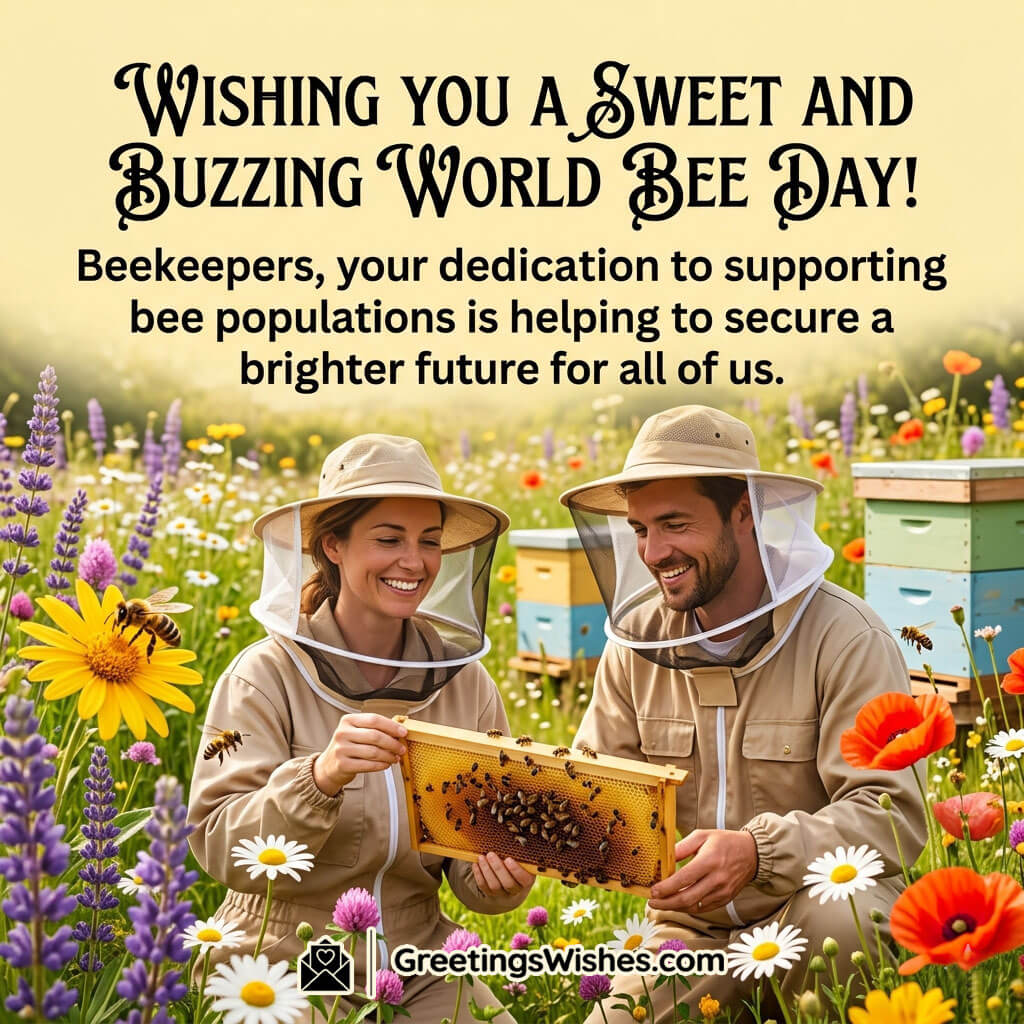 Thank You Beekeepers World Bee Day Image featuring smiling beekeepers holding a honeycomb frame in a flower meadow symbolizing dedication, care for bee populations, and a brighter future for nature.