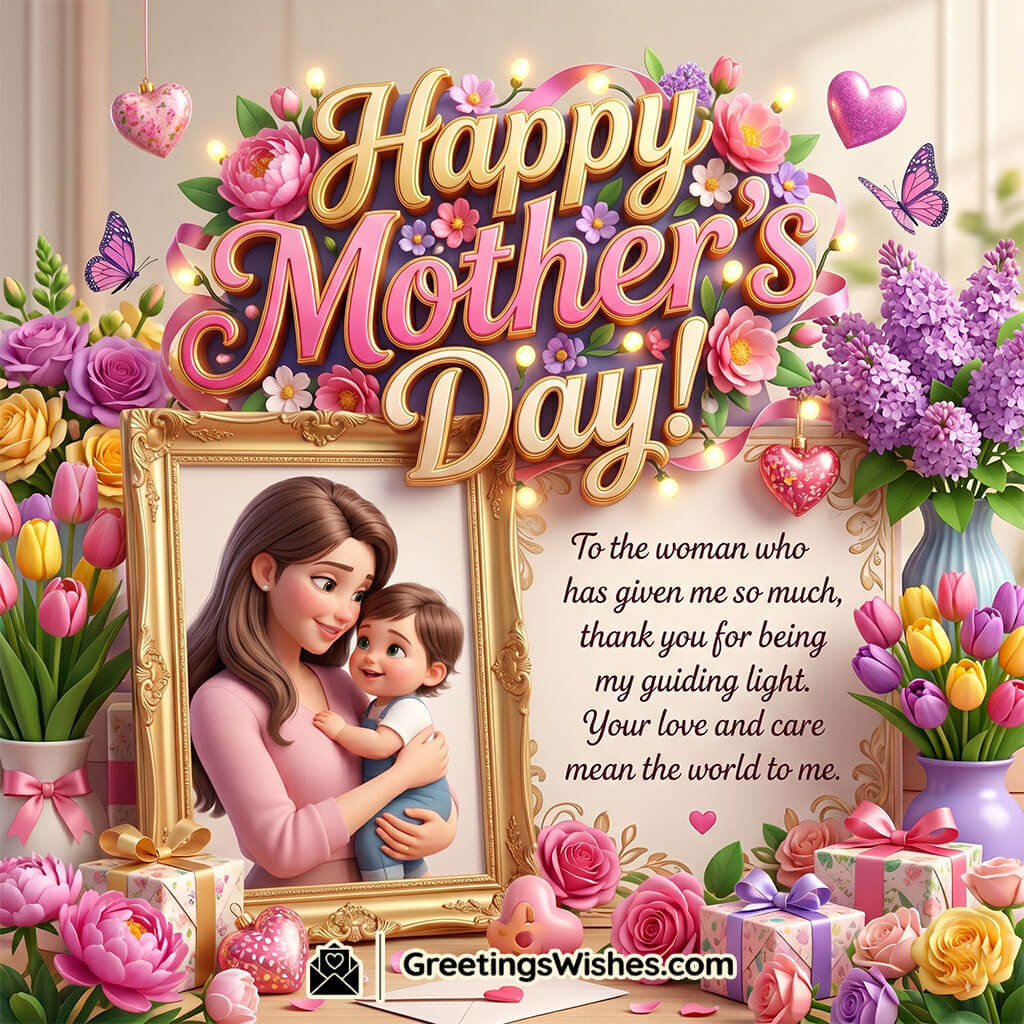 Thank You Mother’s Day Wish Image for Mom featuring elegant floral decorations, framed mother and baby artwork, gifts, and glowing hearts symbolizing gratitude, care, and appreciation for a mother’s guidance.