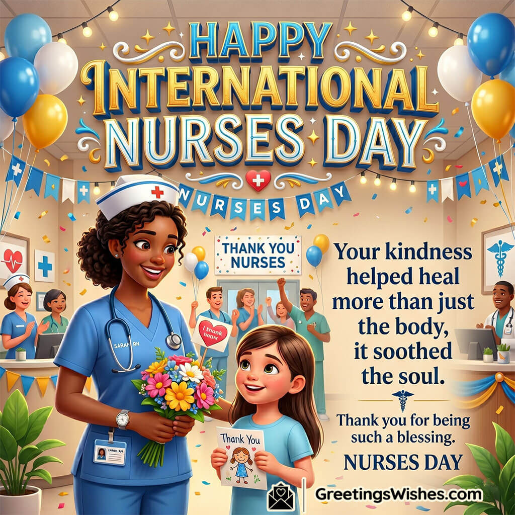 Thank You Nurses Day Wish Picture featuring a smiling nurse receiving flowers and a thank you card from a child during a hospital celebration symbolizing healing care, gratitude, and emotional support.