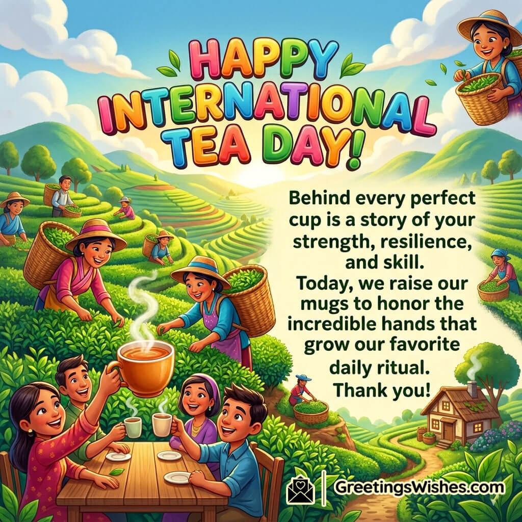 Thank You Tea Farmers Message Image featuring hardworking tea farmers in lush green tea gardens sharing warm tea together symbolizing dedication, resilience, gratitude, and community spirit.