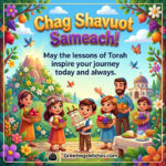 Traditional Shavuot Wishes Image featuring joyful family members with Torah scrolls, fruits, flowers, and festive decorations symbolizing faith, wisdom, and celebration of Shavuot traditions.