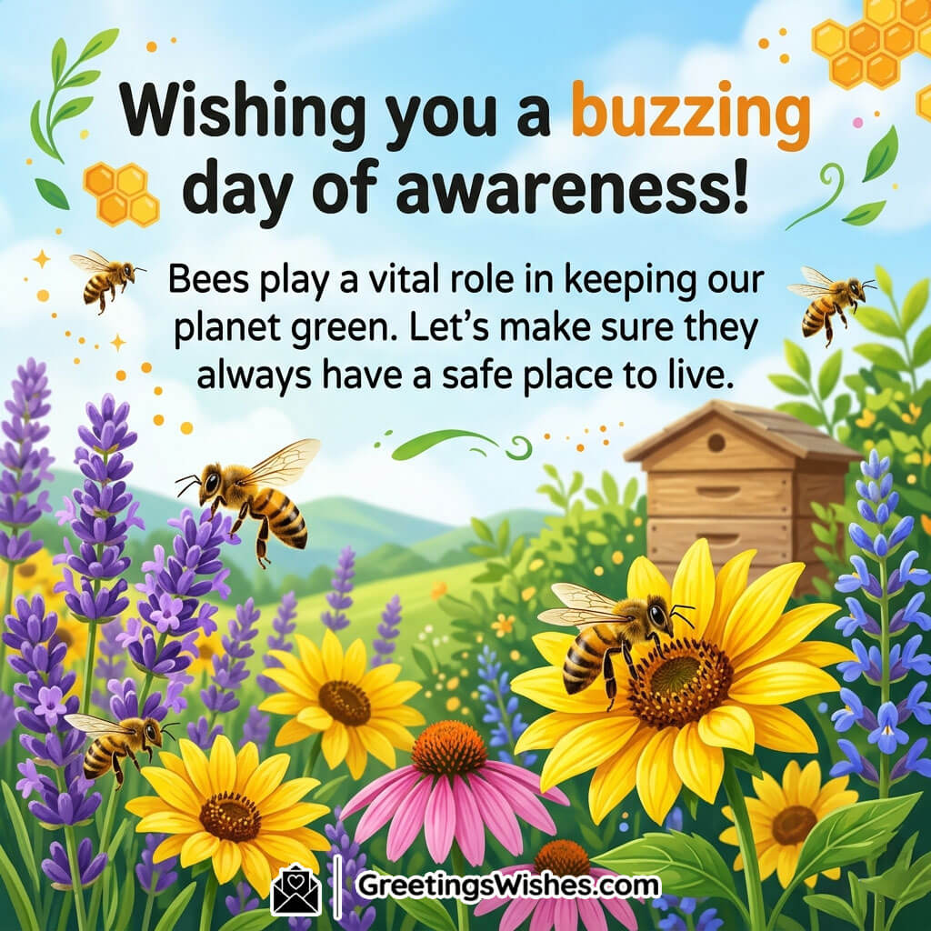World Bee Day Environmental Awareness Message Photo featuring bees pollinating colorful flowers near a beehouse symbolizing environmental protection, greenery, and safe habitats for bees.