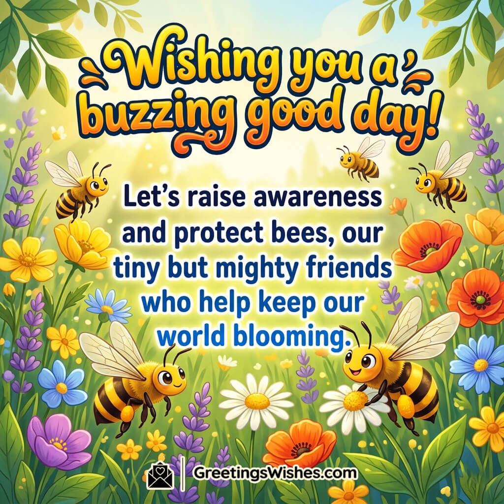World Bee Day Social Media Awareness Image featuring buzzing bees in a bright flower field symbolizing awareness, protection of pollinators, and keeping nature blooming.