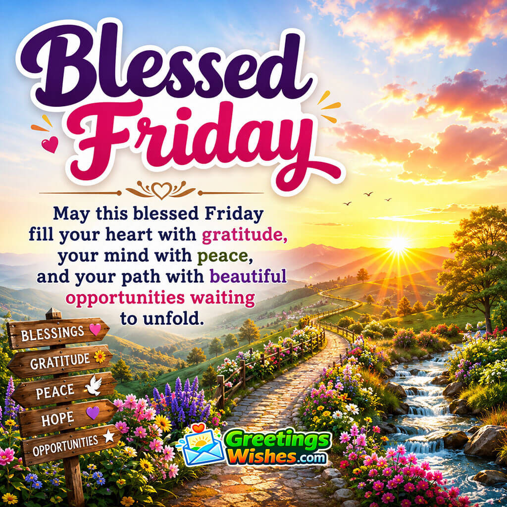 Blessed Friday Quote Image featuring a breathtaking sunrise over colorful hills, blooming flowers, sparkling streams, and golden light symbolizing gratitude, peace, and beautiful opportunities.