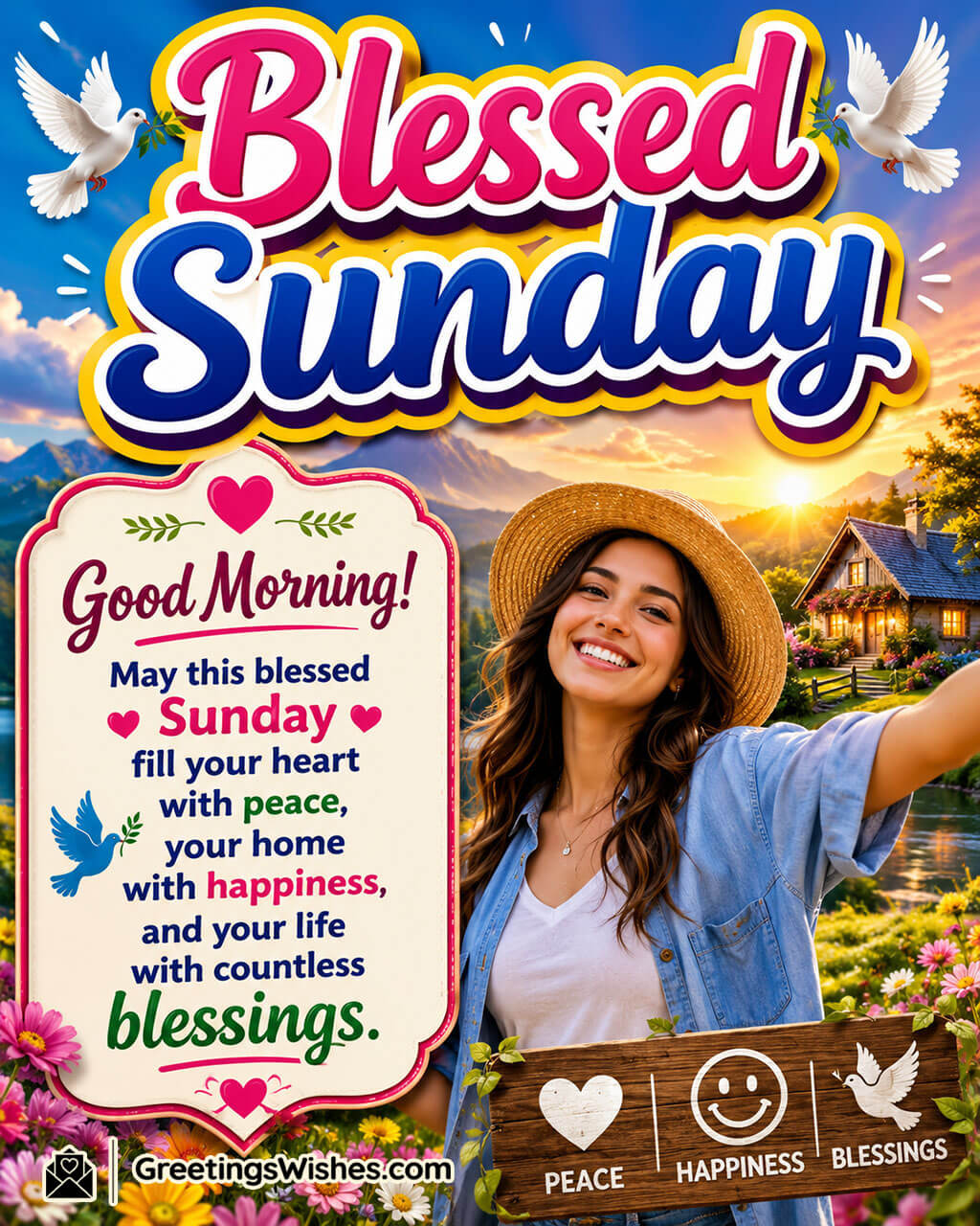 Blessed Sunday Morning Blessings Wish Image featuring a joyful morning scene with peaceful elements symbolizing happiness, peace, and abundant blessings.