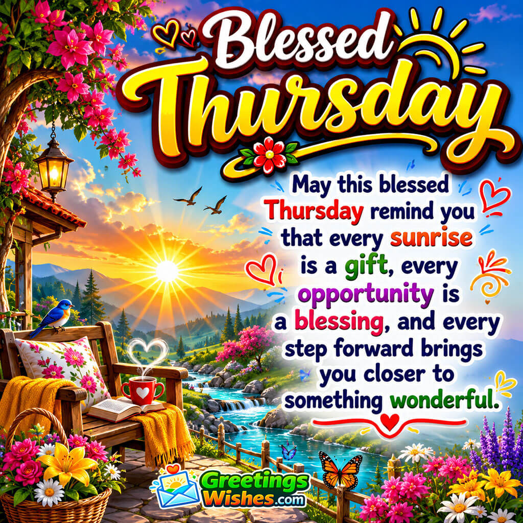 Blessed Thursday Quote Image featuring a breathtaking sunrise over colorful hills, blooming flowers, sparkling streams, and a peaceful sky symbolizing blessings, gratitude, and beautiful opportunities.
