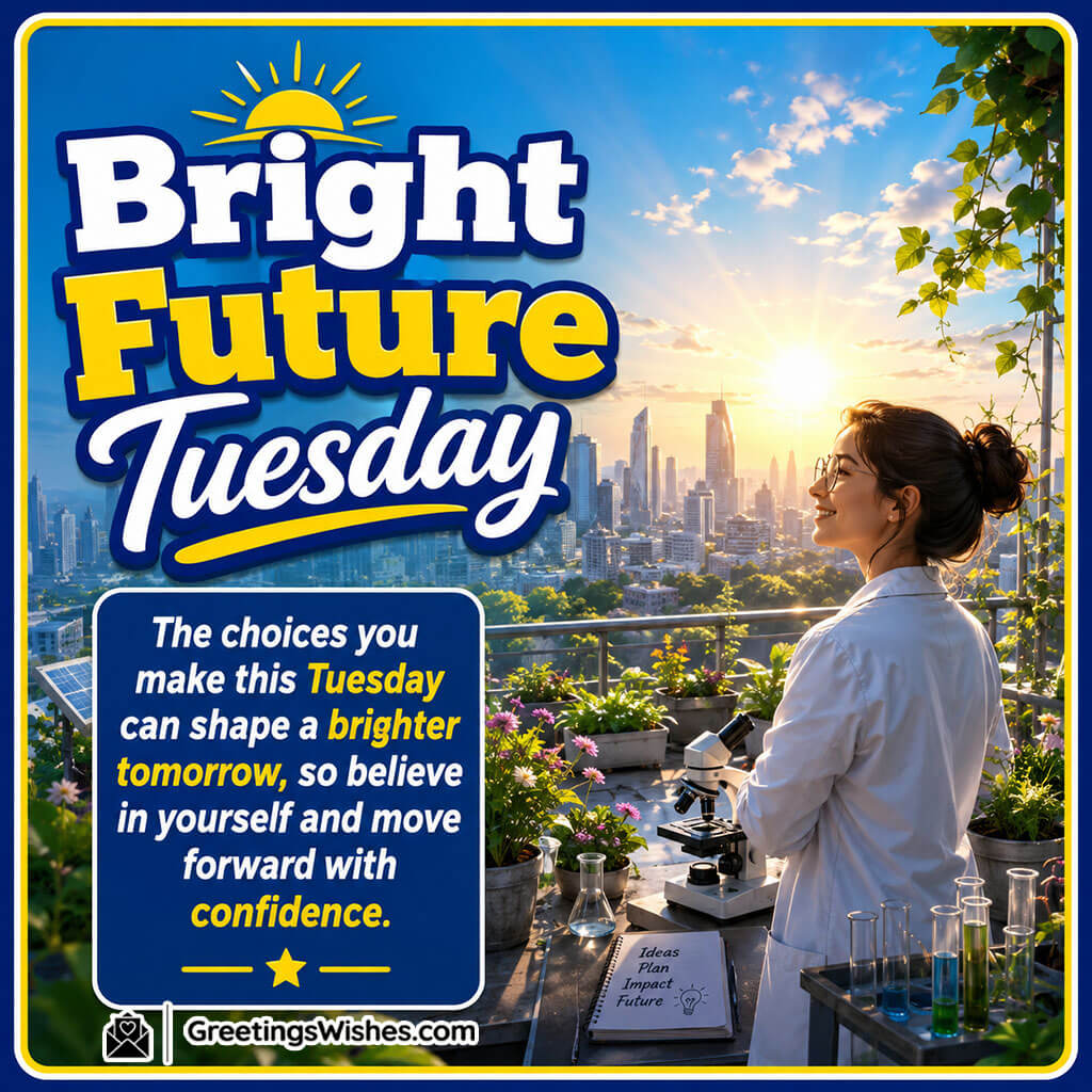 Bright Future Tuesday Quote Image featuring a smiling young scientist observing a bright horizon from a rooftop garden symbolizing confidence and future success.