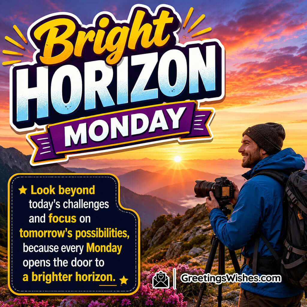 Bright Horizon Monday Quote Image featuring a smiling landscape photographer capturing a colorful sunrise over distant mountains symbolizing hope and brighter horizons.