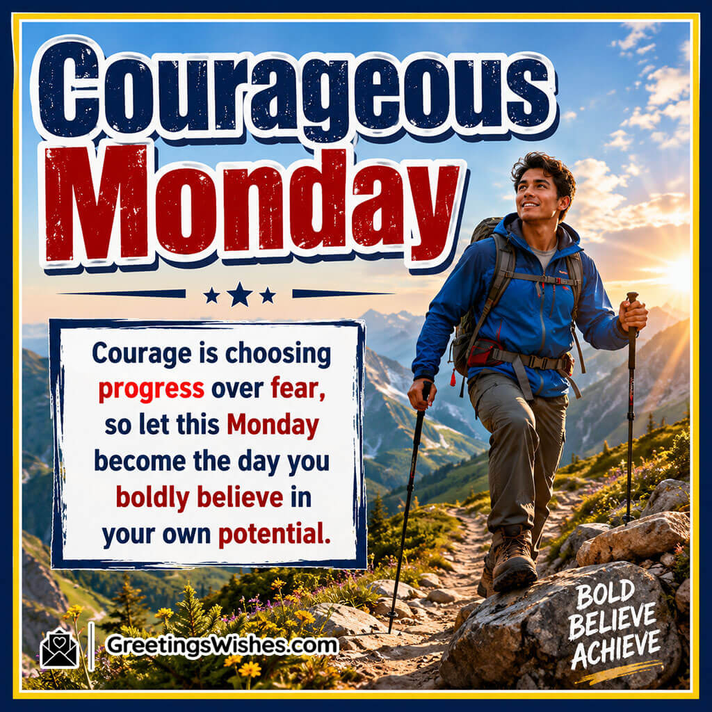 Courageous Monday Quote Image featuring a determined young mountain trekker climbing a scenic trail symbolizing courage and resilience.