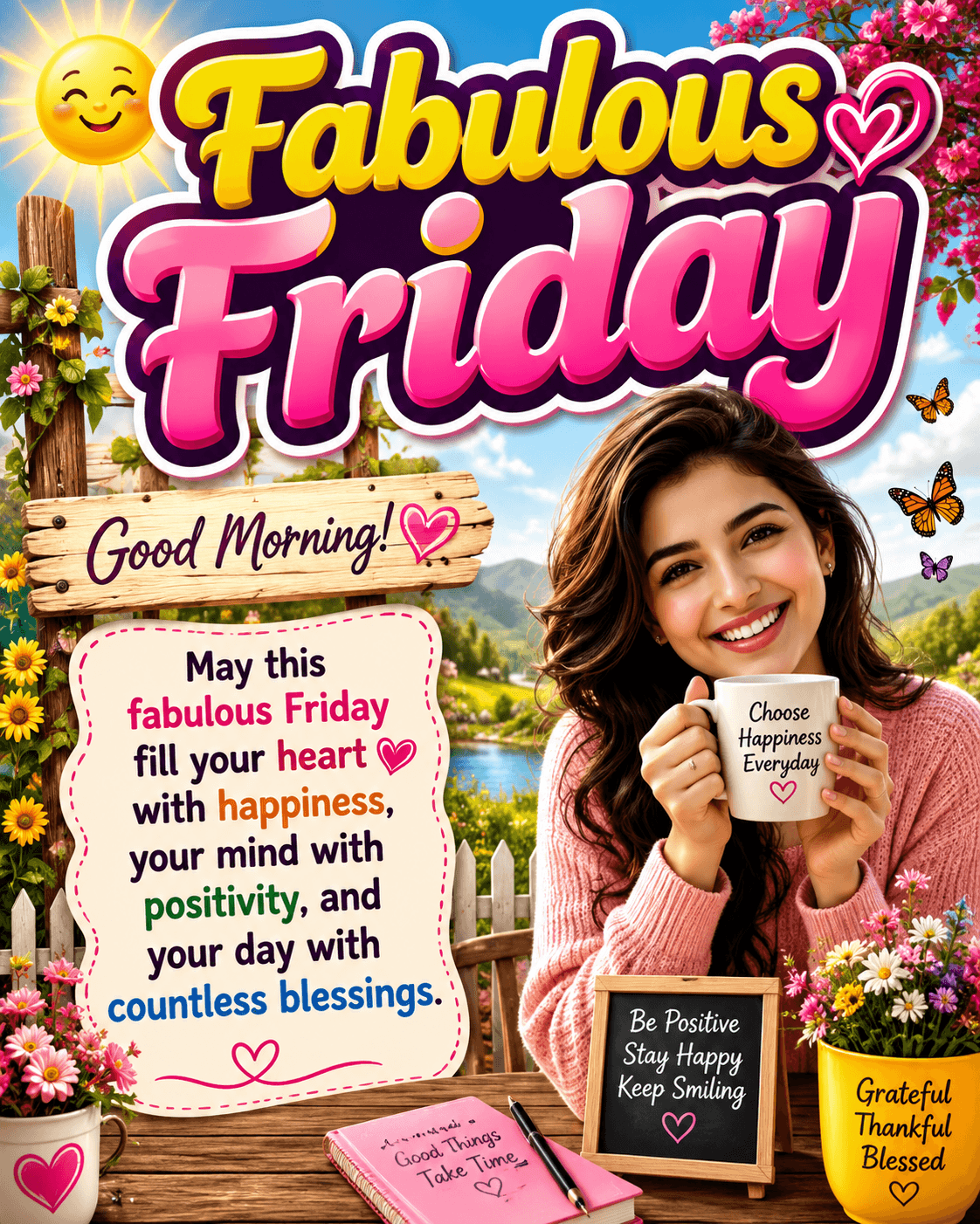 Fabulous Friday Good Morning Wishes Image featuring a cheerful smiling woman holding a coffee mug, colourful flowers, a peaceful lakeside garden, butterflies, and a bright sunny morning symbolizing happiness, positivity, gratitude, and countless Friday blessings.