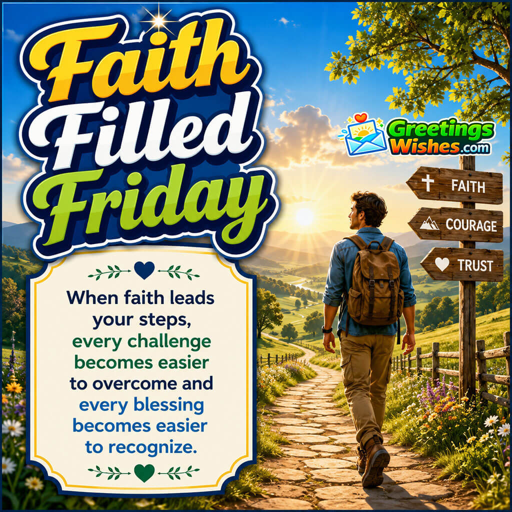 Faith Filled Friday Quote Image featuring a peaceful young traveler walking confidently along a countryside pathway beneath a bright morning sky symbolizing faith and trust.