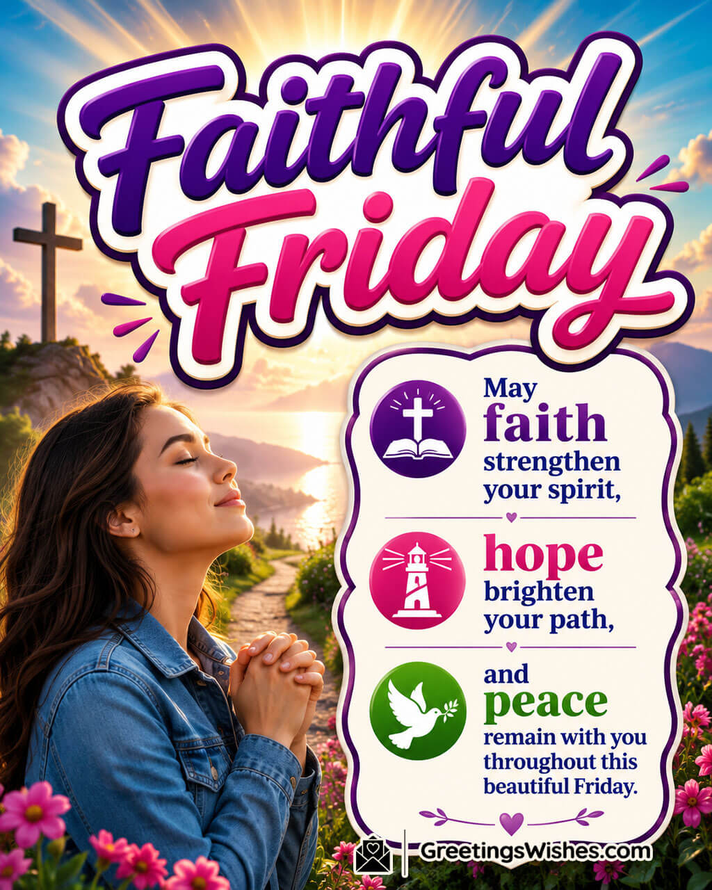 Faithful Friday Prayer and Blessings Image featuring a woman praying with folded hands, a glowing sunrise, a cross on a hill, a scenic pathway, and blooming flowers symbolizing faith, hope, peace, and spiritual strength throughout a beautiful Friday.