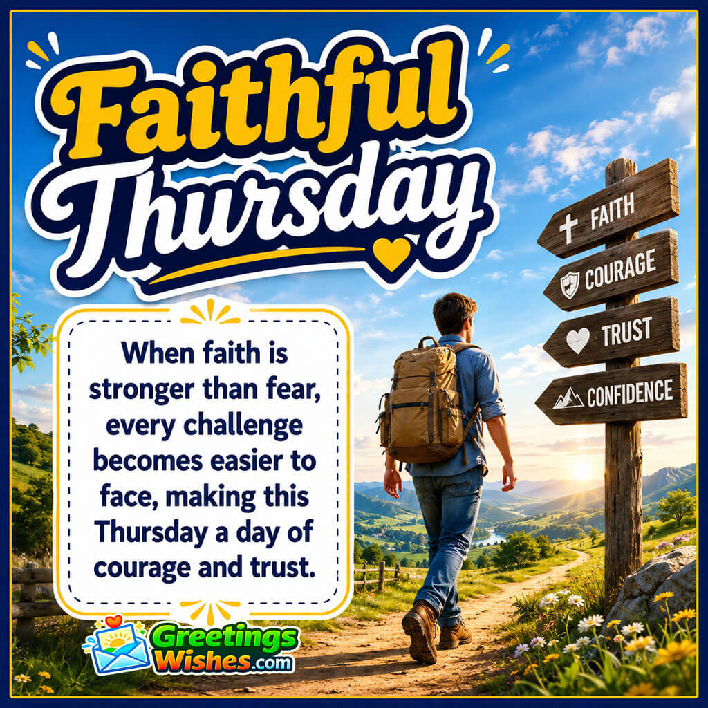 Faithful Thursday Quote Image featuring a peaceful young traveler confidently walking along a beautiful countryside path symbolizing faith and courage.
