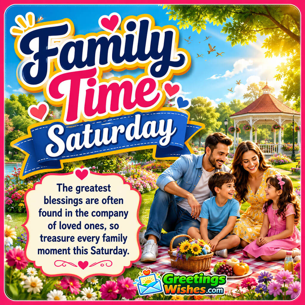 Family Time Saturday Quote Image featuring a happy family spending quality time together in a colorful park symbolizing love and togetherness.